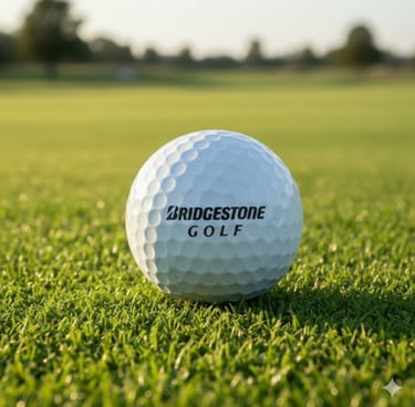 A white Bridgestone golf ball resting on a lush green fairway at sunset.
