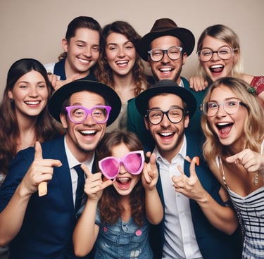Guests laughing and posing inside a vibrant photo booth at a lively Las Vegas party.
