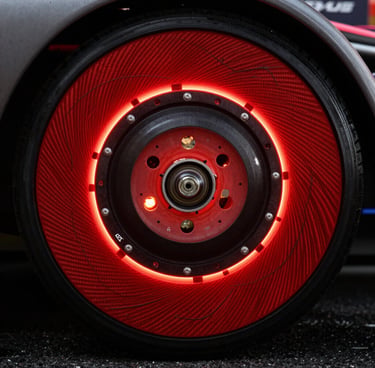 A close-up, high-speed photograph of a Formula 1 brake disc glowing intense racing red from heat during a night race. Sharp focus on the carbon fiber textures against a dark black background, professional motorsport cinematography, North American / US.
