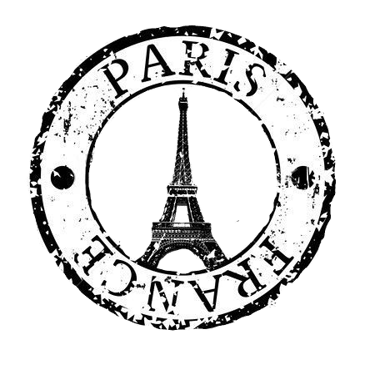 Vintage black and white Paris France passport stamp featuring the Eiffel Tower.