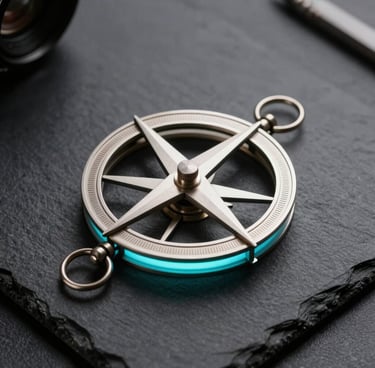 Minimalist macro shot of a metallic astrolabe on a dark slate desk, illuminated by a sharp electric-cyan screen glow, clean lines, high contrast