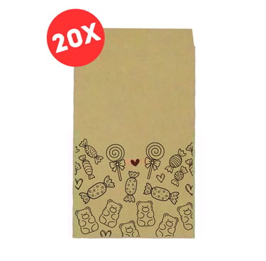 20 bruine kraft papieren snoepzakjes met handgetekende gummibeertjes en lolly's.