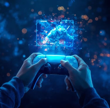Gamer holding a wireless controller playing an immersive blue holographic action video game.