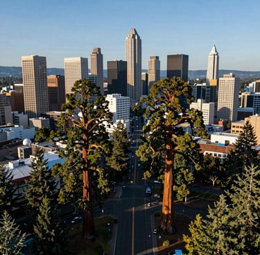A wide aerial shot of the Eugene, Oregon skyline with several prominent Giant Sequoia trees dotting the urban landscape. Professional drone photography, North American / US Pacific Northwest style, atmospheric and majestic lighting with steel blue and dark green colors.