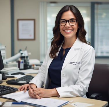 A sleek, futuristic office reception area with a glowing electric blue digital assistant interface.