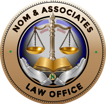 Professional Nom and Associates Law Office seal featuring golden scales of justice and a law book.