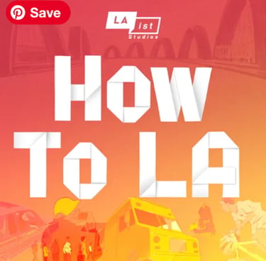 How to LA podcast cover with bold white text over a red-orange city scene illustration.
