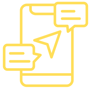 Yellow line icon of a mobile smartphone showing navigation GPS arrow and chat message notifications.
