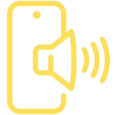 Yellow line icon of a mobile smartphone with a loud speaker and sound waves.