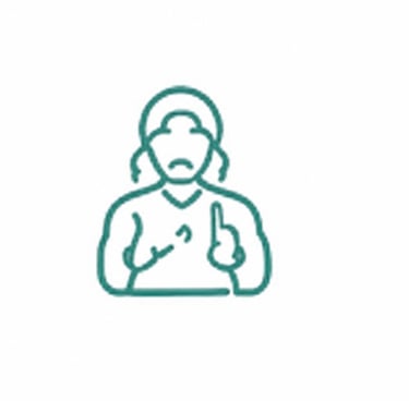 Green line art icon of a person using American Sign Language to communicate.