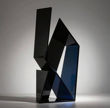 Photography of a minimalist abstract glass sculpture, sharp geometric edges, soft light passing through, rich black and midnight blue tones, North American gallery style.
