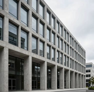 A wide photography shot of a sleek modern architecture building in a North American city, clean concrete lines, large glass panels, overcast soft lighting, professional and minimalist style.