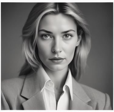 A confident woman standing firm with a strong posture and a determined gaze, illuminated by warm, dramatic lighting against a dark background.