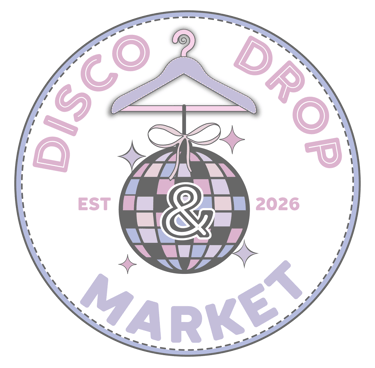 Disco Drop Market logo featuring a pastel disco ball hanging from a clothes hanger with pink and purple text.