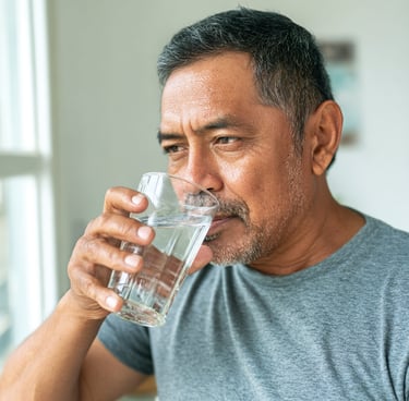 Hombre tomando agua para un cabello saludable