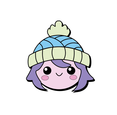 Logo Kikrochet personaje de cabello morado que usa un gorro de invierno azul y amarillo.