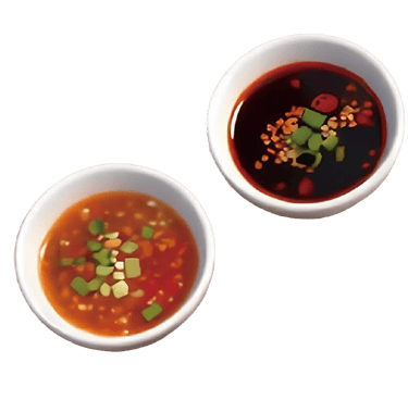 Assorted colorful dipping sauces in small bowls, including chili oil, sesame, and herbs, for a hotpot meal.