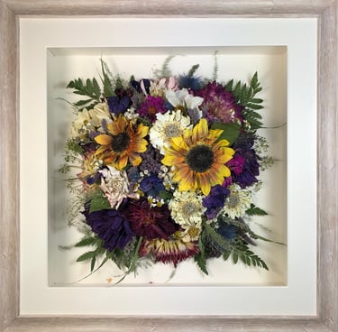 a Birdseye view Style bouquet of flowers in a taupe frame