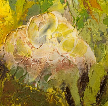 Close-up detail of thick textured acrylic paint showing a pale protea flower with yellow, green, and brown brushstrokes.
