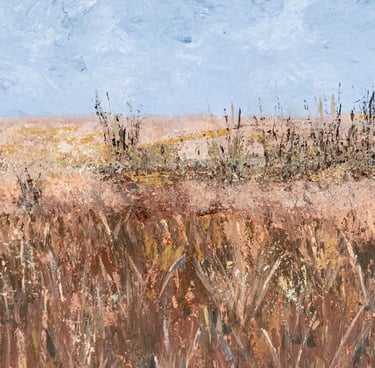 Close-up of textured acrylic painting showing layered brushstrokes of warm brown and beige grasses in a field.
