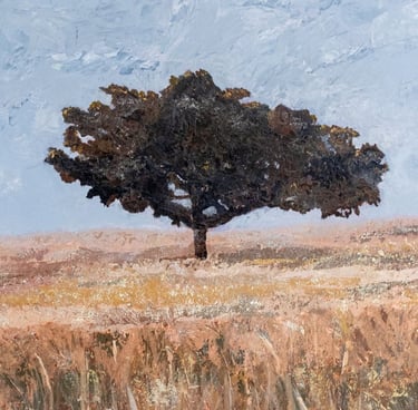 Close-up of textured acrylic painting focusing on a single dark tree standing in a field of muted earth tones.