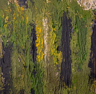 Close-up of textured vertical brushstrokes in green, yellow, and dark earthy colours, showing the paint’s depth and movement.