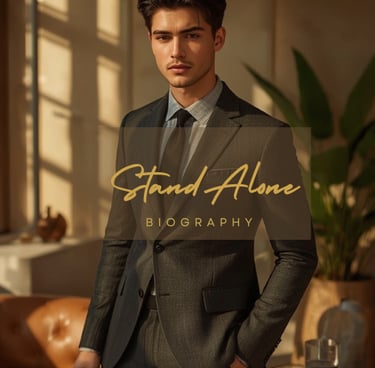 a man in a suit and tie with a suit and tie with the words Professional Biography