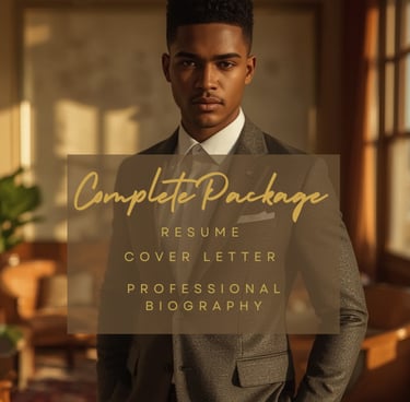 a man in a suit and tie with the words, complete package: Resume, Cover Letter, Biography