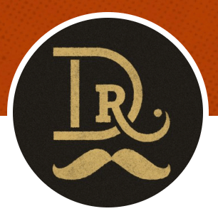 The gold letter D with R in it with a moustache below it on black background
