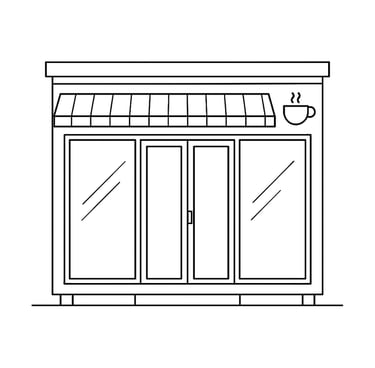 a store front door with a cup of coffee and a cup of coffee