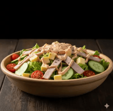 Σαλάτα σεφ σε μπολ με λαχανικά κρουτόν ζαμπόν και σως