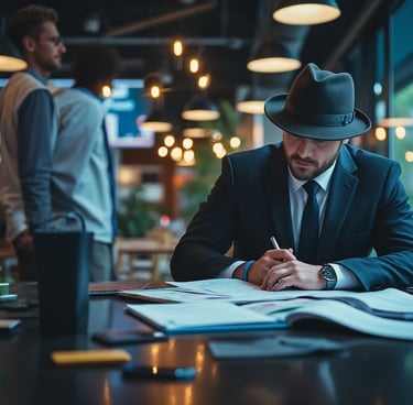 private investigator is sitting at a table