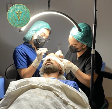 equipo medico implanta el pelo a un paciente del injerto capilar FUE