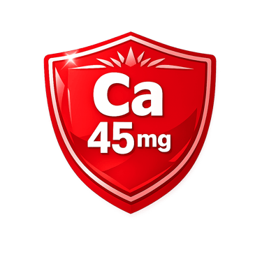 A red glossy shield icon displaying 45mg of Calcium (Ca) for health supplement branding.