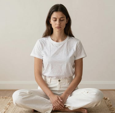 A woman in white clothing practicing mindful meditation while sitting cross-legged on a rug.