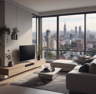 A view of the upper floors of a light-colored building with multiple windows and ornate architectural details. A red and white 'For Sale' sign with contact information is visible on the building's facade. The building is surrounded by greenery, and there are overhead utility lines. The sky above is partly cloudy with patches of blue.