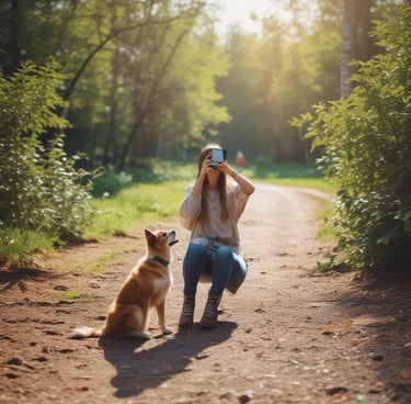 A dog sits attentively while a extends their arm to offer a treat. Another person is positioned behind the dog, and someone wearing a red hoodie is crouched in the foreground, possibly taking a photo. The background consists of a white sheet hanging on a wall, and the setting appears to be outdoors with sunlight casting shadows.