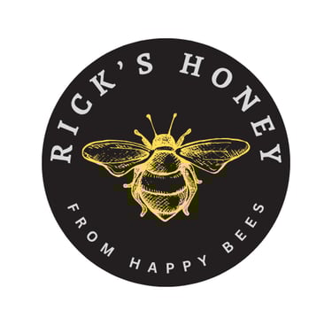 circular retro logo for Rick's Honey with a golden bee in the center of the circle