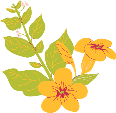 Stylized picture of a trumpet vine with a green stem, 2 yellow blooms with red highlights