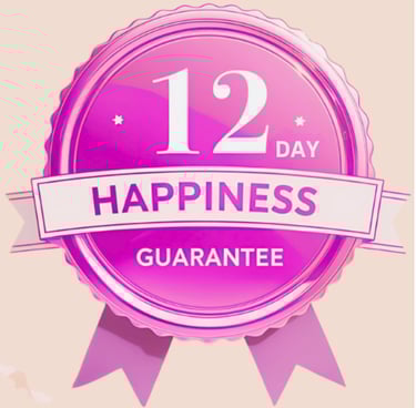 Skintastic 12 day happiness guarantee a pink badge with the words happy birthday