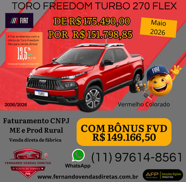 Red Fiat Toro Freedom Turbo 270 Flex truck advertisement with direct factory pricing for CNPJ.