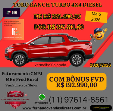 Red Fiat Toro Ranch Turbo 4x4 Diesel pickup truck promotional offer for corporate fleet sales.