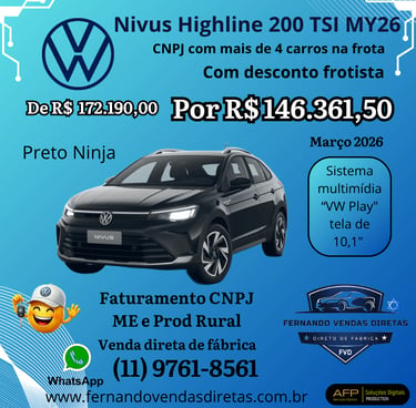 Volkswagen Nivus Highline 200 TSI Preto Ninja em oferta para frotista e produtor rural.