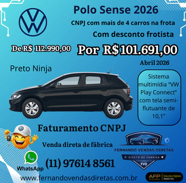 Volkswagen Polo Sense 2026 Preto Ninja em oferta de venda direta para frotistas CNPJ.