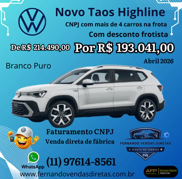 Novo Volkswagen Taos Highline branco com desconto exclusivo para frotista e faturamento CNPJ.