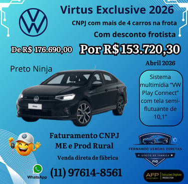 Black Volkswagen Virtus Exclusive 2026 sedan with promotional fleet pricing and CNPJ discounts.