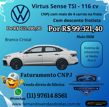 Volkswagen Virtus Sense TSI in Branco Cristal for fleet sales with discount pricing and CNPJ billing.