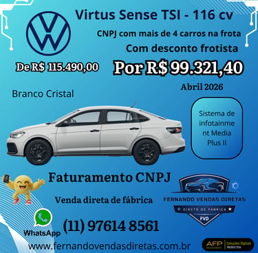 Volkswagen Virtus Sense TSI em Branco Cristal com oferta de venda direta para frotistas CNPJ.