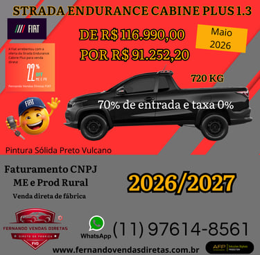 Fiat Strada Endurance Cabine Plus in Preto Vulcano for direct sale with CNPJ discounts and zero rate financing.