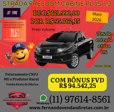 Black Fiat Strada Freedom Cabine Plus 1.3 promotion flyer featuring direct factory sales prices and contact info.